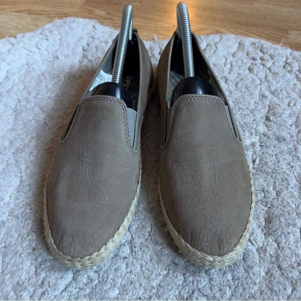Sperry: Olive Green Suede Slip On Sailor Twin Gore Jute Espadrilles Size 8.5
